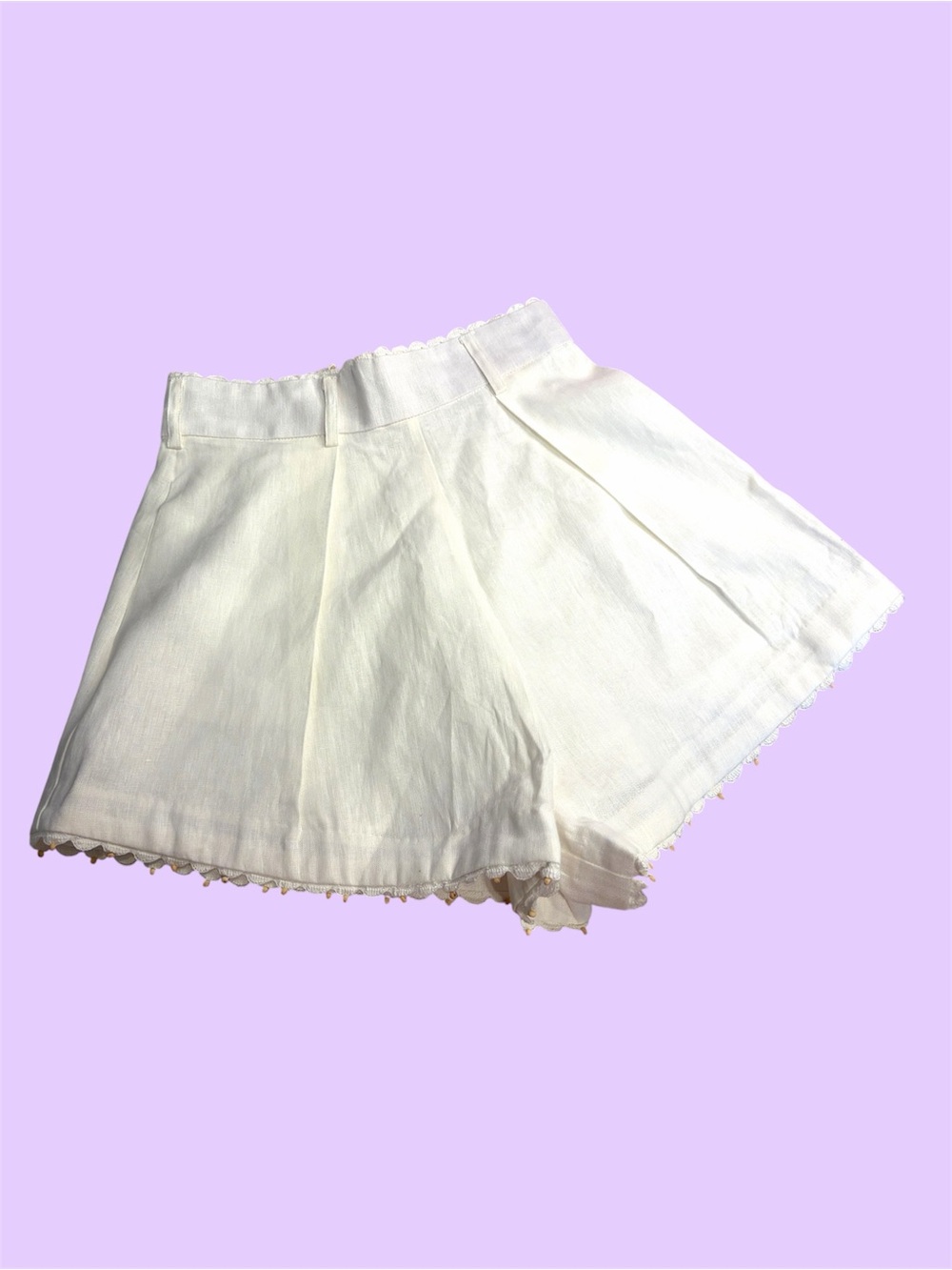 Zimmermann White Linen High-Waist Shorts with Lace Trim and Wooden Beads